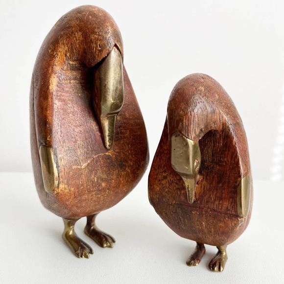 Vintage Other - Vintage Hand Carved Wood and Brass Penguin Figurines